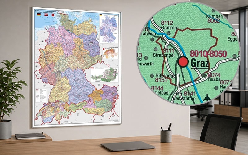 D/A/CH Postleitzahlenkarte für Unternehmen D/A/CH Postleitzahlenkarte für Unternehmen zur Planung von Vertriebsgebieten und regionalen Zuständigkeiten