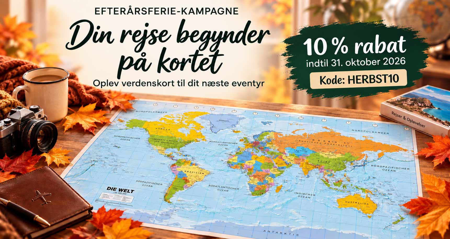 Efterårsferie-kampagne – 10 % rabat på landkort Efterårsferie-kampagne – 10 % rabat på landkort indtil 31. oktober 2026